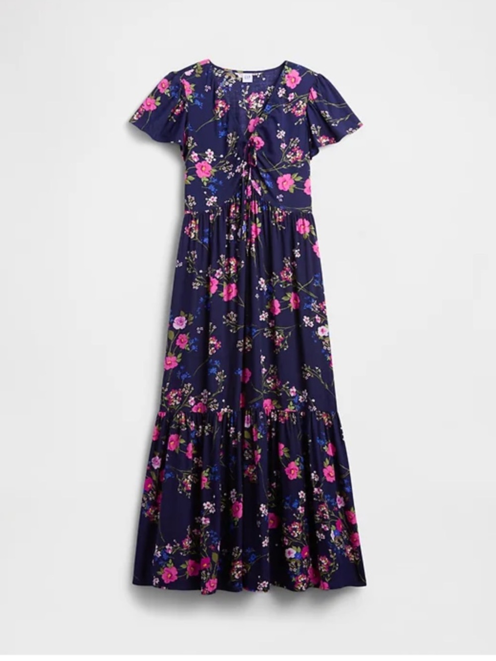 GAP Ruched V-Neck Maxi Dress Dark Blue Floral Size M New no tag